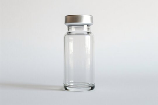 Single empty medical vial with a metallic cap is standing on a white backdrop