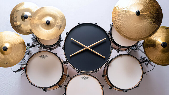 overhead view of a complete drum kit with cymbals