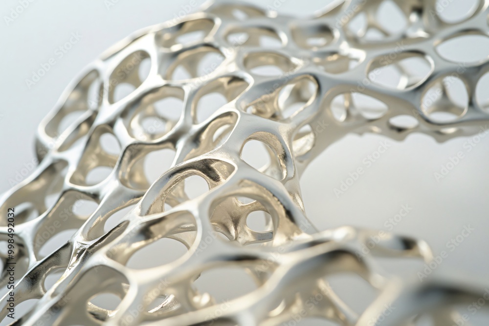 Poster shiny metallic structure with holes creating an intricate pattern, ideal for backgrounds on technolo