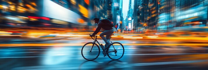 Urban Cyclist in Motion, a dynamic scene of a cyclist weaving through a bustling city, blurred skyscrapers and traffic creating a sense of speed