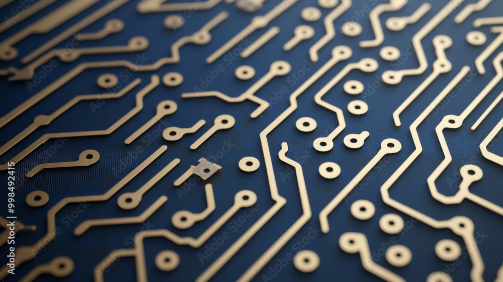 Poster a close-up of a modern computer motherboard with a chip. featuring glowing blue lines and circuit pa