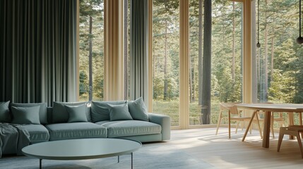 Fototapeta premium Living room with a pastel green sofa, a pastel blue coffee table. Bright interior with large windows and wooden flooring.