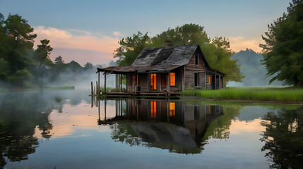 Obraz premium At the center of a tranquil pond, an old, weathered house stands isolated on a small island