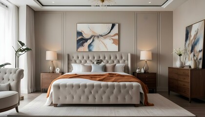 A luxurious bedroom with a large tufted headboard, wooden furniture, and modern abstract artwork on the wall.