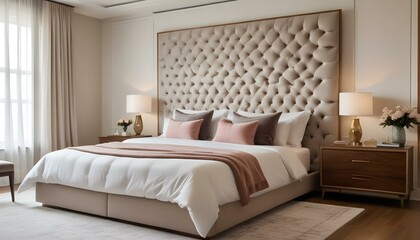 Fototapeta premium A luxurious bedroom with a large tufted headboard, wooden furniture, and modern abstract artwork on the wall.
