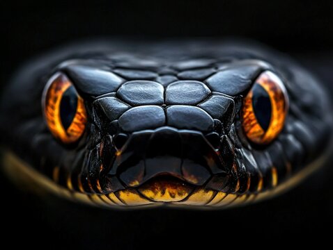 Primer plano frontal de una serpiente negra con escamas brillantes y ojos anaranjados intensos, en una atm&oacute;sfera oscura y enigm&aacute;tica