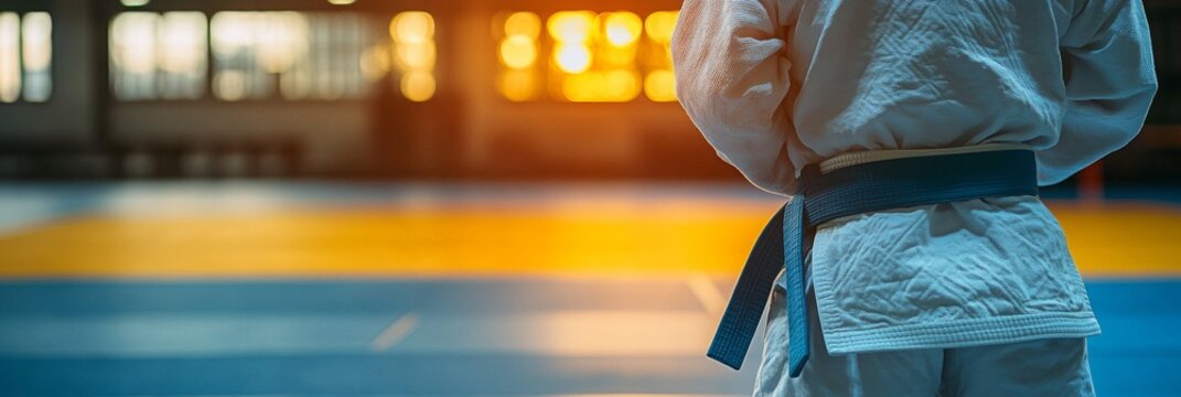 Judoka Preparing for Competition, focused athlete bowing in traditional respect, blurred dojo setting enhancing the moment's intensity
