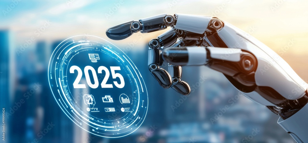 Poster futuristic robot hand interacting with digital display