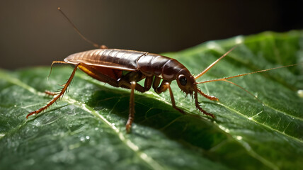  A German Cockroach (Blattella germanica) walking along the surface of a green leaf.
