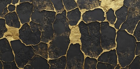 Black gold encrusted broken marble mosaic tile background texture. Luxury cracked ceramic art deco cobblestone wallpaper pattern. High resolution 3D rendering.
