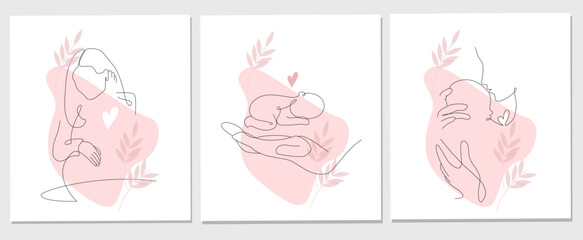 Vector one line art set of illustrations of a new born baby and mother holding a new born baby.