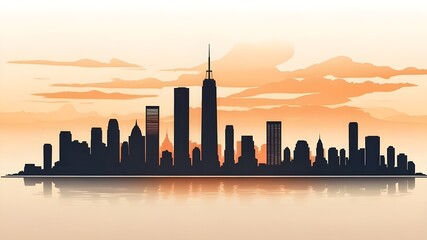 Obraz premium Twin Towers with the silhouette of the New York skyline at dusk. American flag for Patriot Day. 