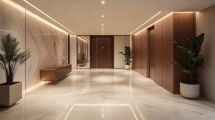 Obraz premium modern entrance hall, door and wall, neutral tones with brown accent color, marble floor