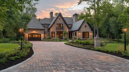 Naklejka premium A brick-paved driveway leading to a charming home, highlighting landscaping and outdoor aesthetics