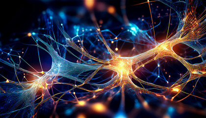 Visualisation concept of neural connections as optical filaments with bright signals on a dark black background