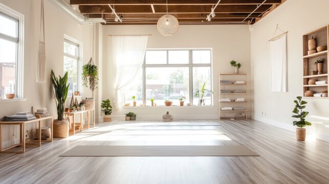 A bright and airy yoga studio filled with natural light and inspiring decor for mindful practice.