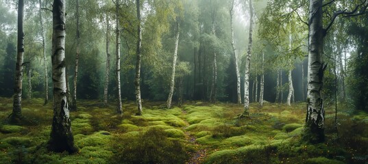 Obraz premium The Black Forest (Panoramic Wallpaper Background) Landscape panorama of birch, beech and fir trees, lush green grass and moss