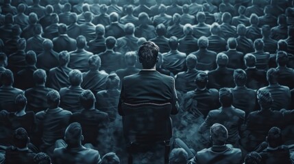 Obraz premium A man is sitting in a chair in front of a crowd of people