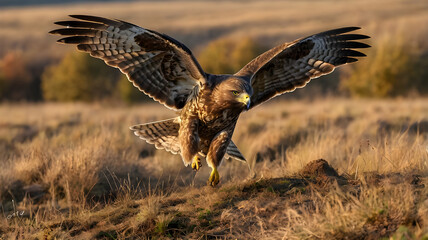 Obraz premium a common buzzard just moments before taking off from the ground.
