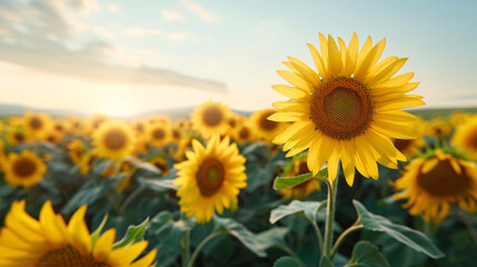 Obraz premium A field of sunflowers basking in the golden light of the setting sun. The vibrant yellow petals and lush green leaves create a stunning natural scene.