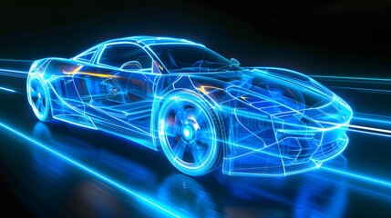 A blue hologram of an electric sports car driving on the road, glowing with neon light effects. The vehicle's sleek design is visible in its transparent form, showcasing intricate details and dynamic 