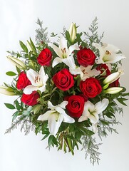 A stunning bouquet featuring vibrant red roses, white lilies, and assorted greenery, beautifully arranged and set against a clean white background.