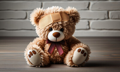 Obraz premium Teddybär mit Pflaster am Kopf nach einem Unfall, copy space