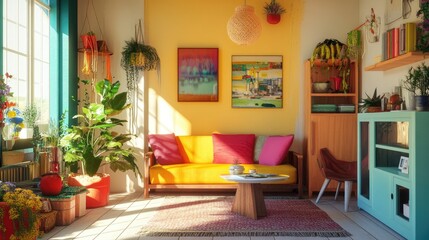 A cheerful room filled with natural light, showcasing colorful decor and a cozy atmosphere.