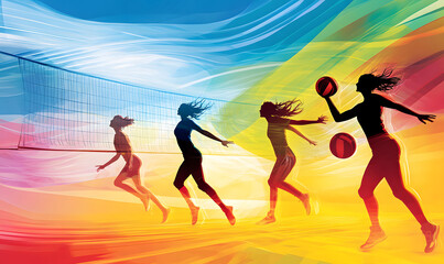 Dynamic Volleyball Action with Neon Lights and Abstract Geometric Patterns for Futuristic Sports Branding