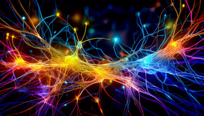 Visualistion concept of neural connections as optic filaments with bright vivid color signals on a dark black background