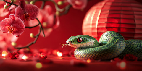 Fototapeta premium A green snake is laying on a red background with red flowers