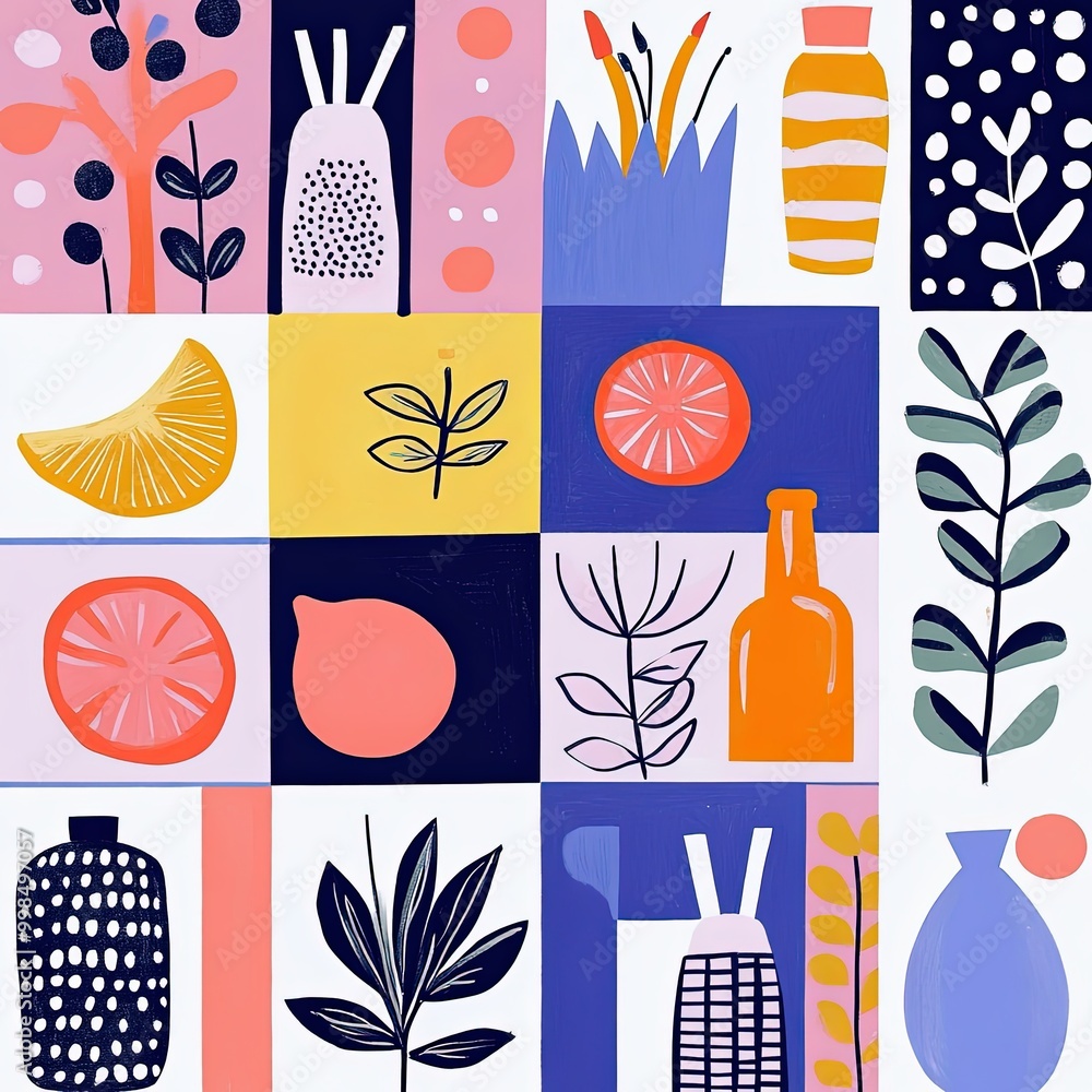Poster modern bento grid with colorful geometric patterns for creative designs.