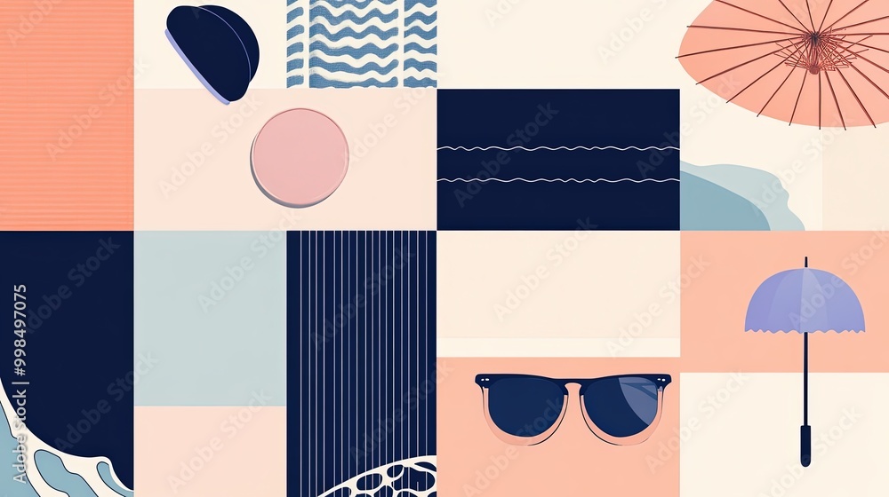 Poster minimalist bento grid layout with simple geometric patterns and summer elements.