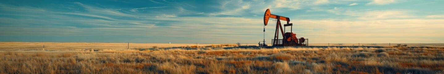 Oil pumpjack operating in a vast Texas plain during a beautiful golden sunset. Free copy space for banner.