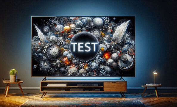 Testbild auf einem modernen Fernseher mit Objekten, copy space