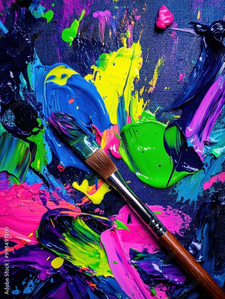 Poster bright colors splash across the canvas as a brush rests nearby, showcasing the dynamic nature of abs