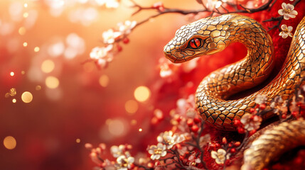 Fototapeta premium A gold colored snake is curled up on a red background with flowers