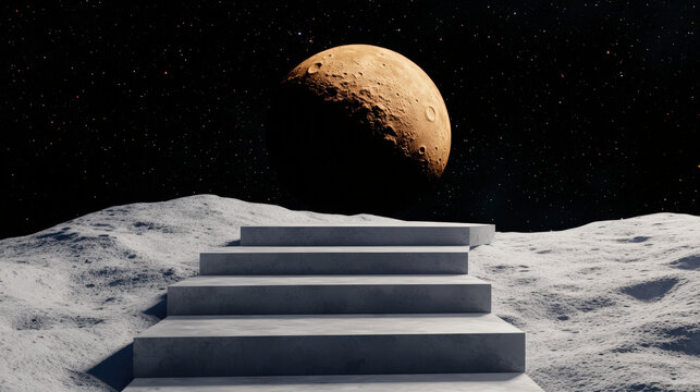 Giant silver staircase spiraling from Earth to the moon, [fly me to the moon], [dreamlike journey concept]