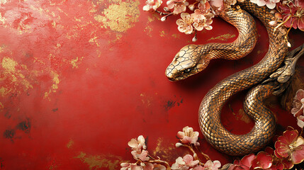 A snake is laying on a red background with pink flowers