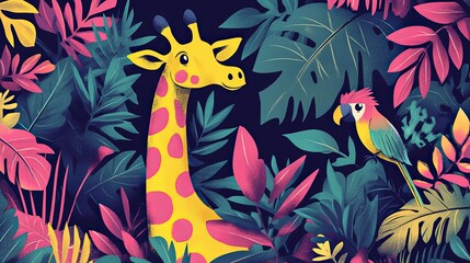 Vibrant retro jungle scene with giraffe and parrot in lush tropical foliage.