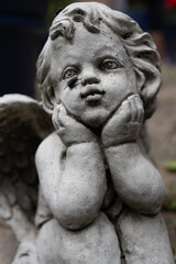 A close-up of a stone angel statue with a fly resting on its face. The contrast between the delicate sculpture and the fly creates an interesting and unexpected visual juxtaposition.