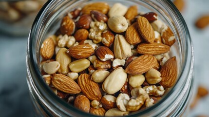A close-up of magnesium-rich nuts and seeds in a glass jar, highlighting healthy snacking options.