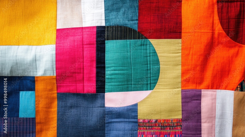 Poster a colorful geometric design created with various fabrics, highlighting texture and pattern in a fash