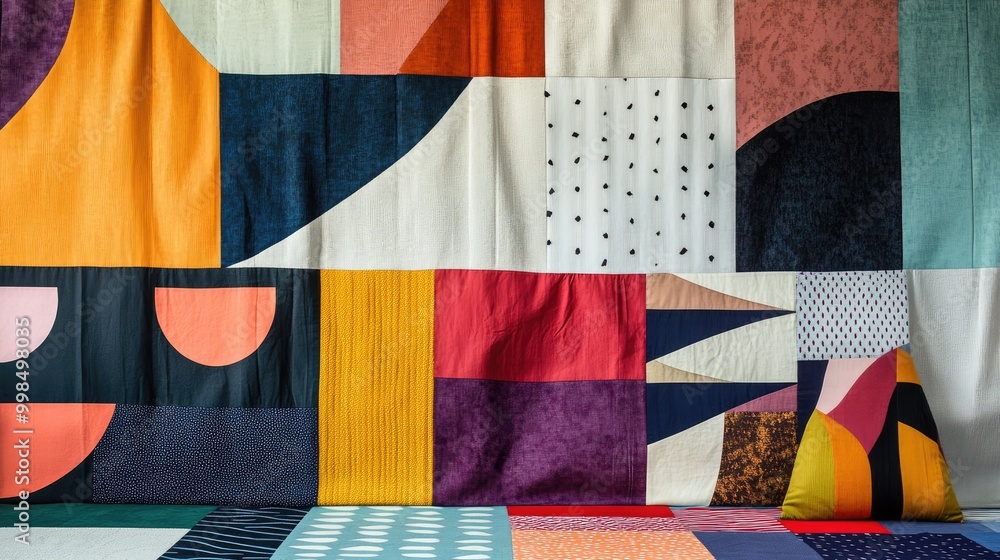 Poster a colorful geometric design created with various fabrics, highlighting texture and pattern in a fash