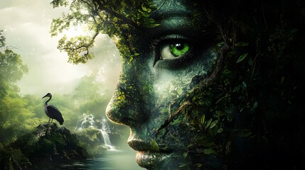 Obraz premium Art, Nature in the Form of a Female Human Face, Photo Realistic, Pattern Background, Wallpaper, Cover and Screen for Smartphone, PC, Laptop, 9:16 and 16:9 Format