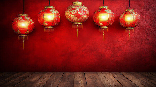 A red wall with five red lanterns hanging from it - Powered by Adobe