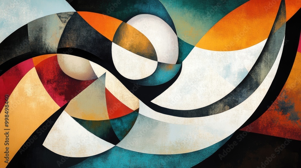 Poster a dynamic geometric composition featuring overlapping shapes and colors, creating a sense of depth.