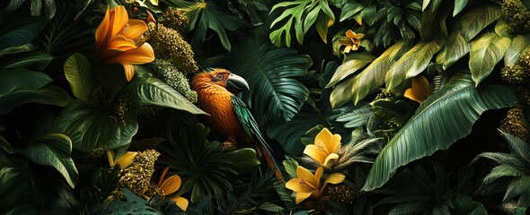 Tropical nature wallpaper jungle flower leaf exotic bird palm. Stock photo.