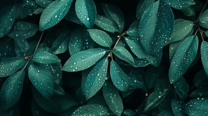 The image is a stock photograph of water drops on a leaf in HD 8K resolution