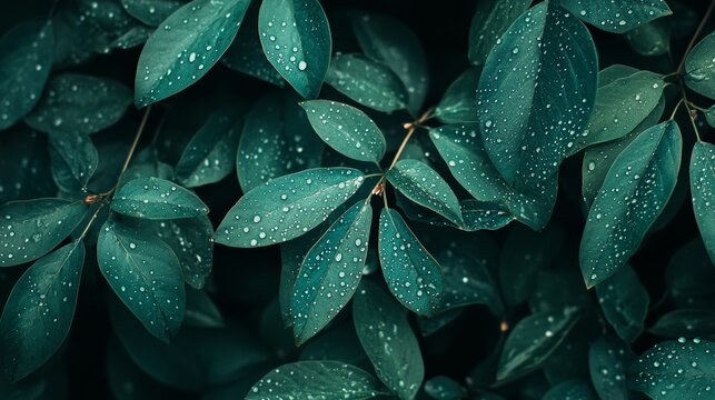 The image is a stock photograph of water drops on a leaf in HD 8K resolution
